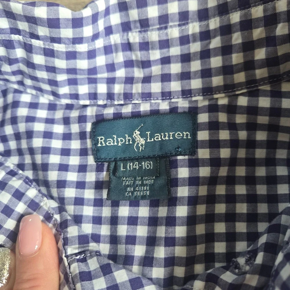 Ralph Lauren Boys Purple Gingham Button Down Shirt L 14-16 Slim Fit Cotton